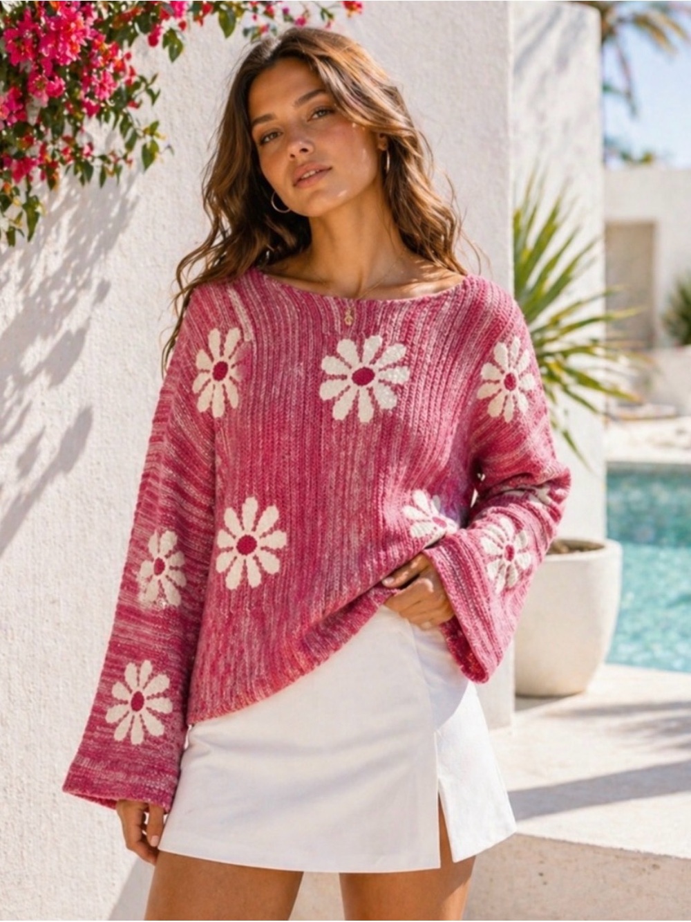 Altar'd State pink daisy cropped knit sweater